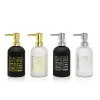 Set dosatore sapone liquido moderno in vetro colorato con stampe a contrasto
