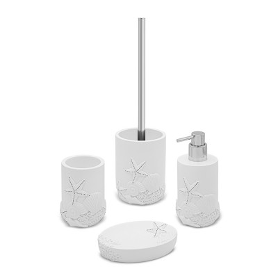 Set accessori bagno 4 pezzi da appoggio in resina bianco con decoro marino  Coral