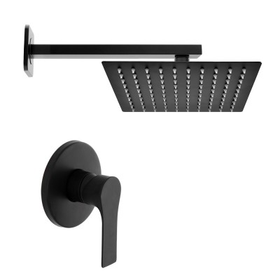 Kit doccia nero opaco completo di soffione quadrato 25x25 cm e miscelatore incasso