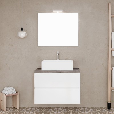 Mobile bagno sospeso 60 bianco top rovere fossile con specchio LED  Town