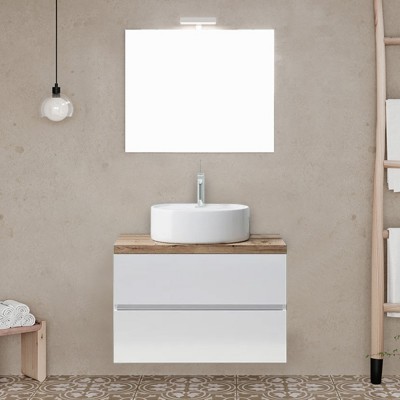 Mobile bagno sospeso 60 bianco top rovere naturale con specchio LED  Town