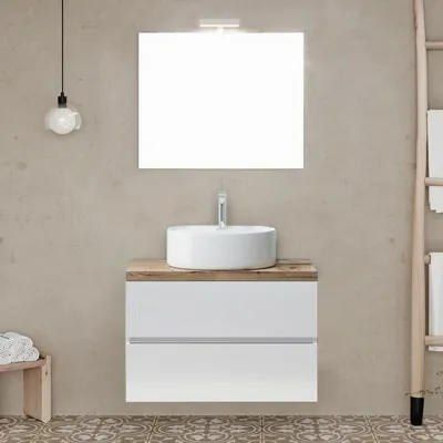 Mobile bagno sospeso 60 bianco top rovere naturale con specchio LED  Town