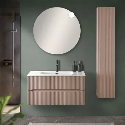 Mobile bagno sospeso cannettato 90 cm rosa con specchio  Bali