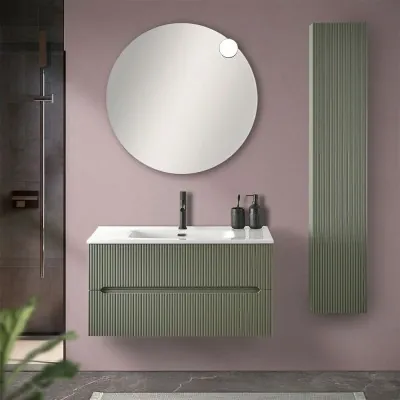 Mobile bagno sospeso cannettato 90 cm verde con specchio  Bali