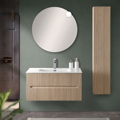 Mobile bagno sospeso cannettato 90 cm teak sabbiato con specchio  Bali