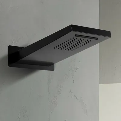 Soffione doccia a sbalzo 22x50 cm nero opaco in acciaio inox con cascata