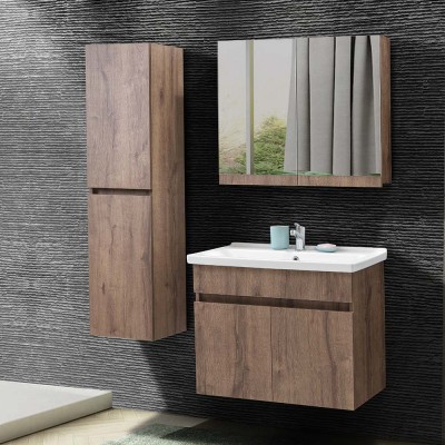 Mobile bagno sospeso 80 cm rovere scuro con specchio contenitore  Mona