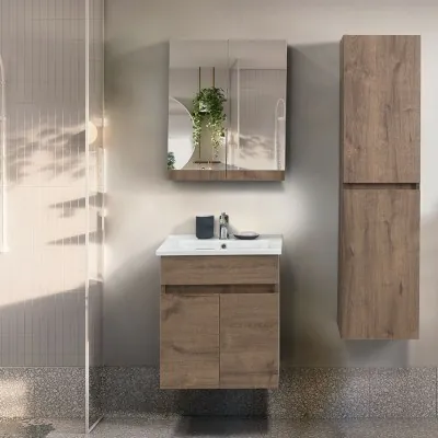 Mobile bagno sospeso 55 cm rovere scuro con specchio contenitore  Mona
