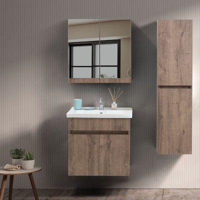 Mobile bagno sospeso 65 cm rovere scuro con specchio contenitore  Mona
