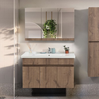 Mobile bagno sospeso 100 cm rovere scuro con specchio contenitore  Mona