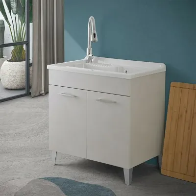 Mobile lavatoio 80x50 cm grigio calce vasca in resina e kit di scarico Moon 
