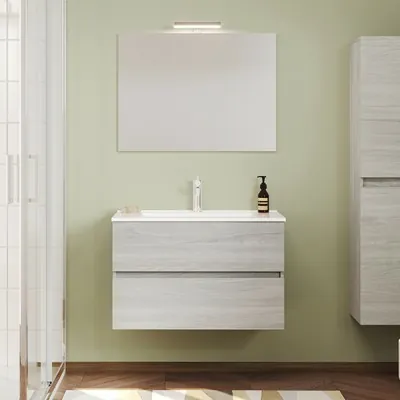 Mobile bagno sospeso rovere grigio 80 cm lavabo e specchiera LED Easy