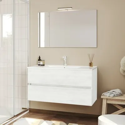 Mobile bagno sospeso bianco venato 100 cm lavabo e specchiera LED Easy