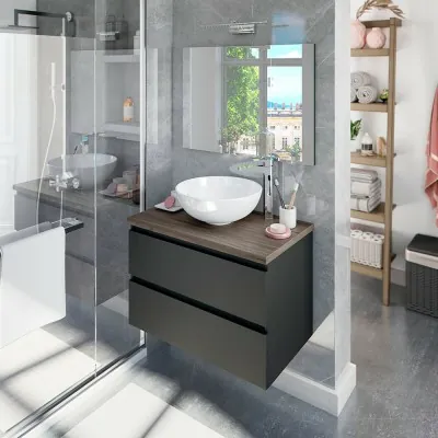 Mobile bagno sospeso 80 antracite con top olmo forato e specchio Noa