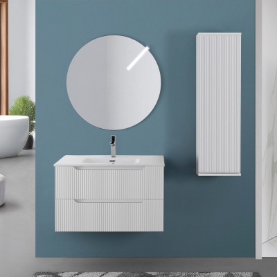 Mobile bagno sospeso 80 bianco cannettato doppi cassetto lavabo e specchio Wise