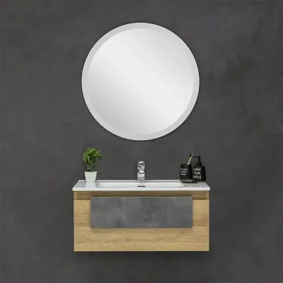 Mobile Bagno Sospeso Effetto Legno 80x47 Cm Con Specchio Tondo