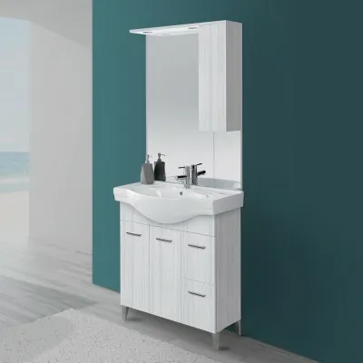 Mobile Bagno in legno grigio L. 82.5 cm con due ante, due cassetti e specchiera con pensile e luci